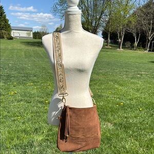Adorable Suede Crossbody bag with guitar strap Made In Spain